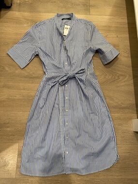 Ralph Lauren Blue & White Striped Tie-Waist Midi Dress